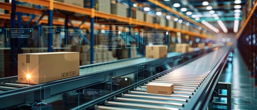Automated warehouse with cardboard boxes on conveyor belts and digital interfaces