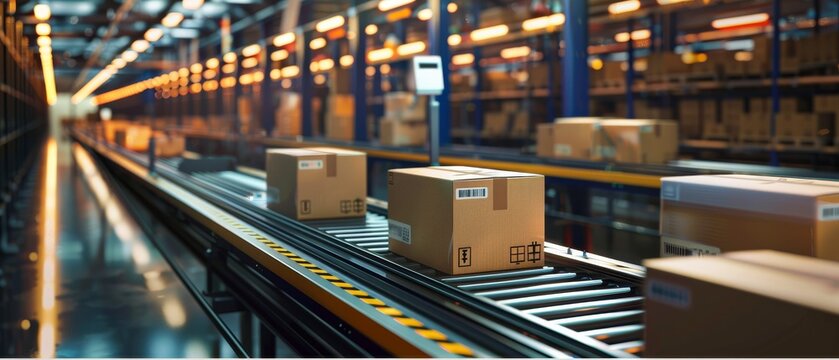 Automated warehouse with cardboard boxes on conveyor belts and digital interfaces