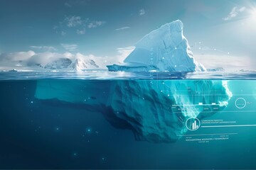 Futuristic depiction of a submerged iceberg with data overlays