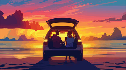 Happy couple sitting in trunk of their new car outdoor - obrazy, fototapety, plakaty