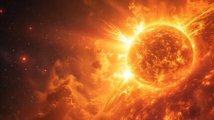 lower third shot of solar surface with powerful bursting flares and star protuberances erupting with magnetic storms and plasma flashes.