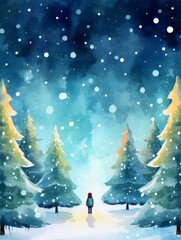 A child stands centered on a road bordered by festive Christmas trees decorated with lights. Background of a Watercolor snowy Christmas night sky