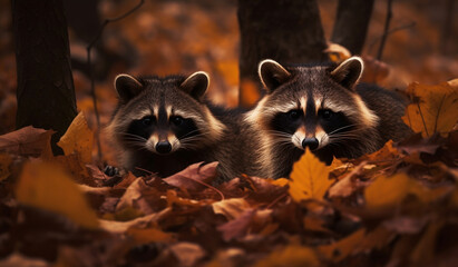 /imagine A pair of inquisitive raccoons exploring a pile of fallen leaves, their masked faces full of curiosity.