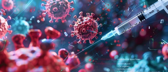 Digital illustration of coronavirus with a syringe in a futuristic setting