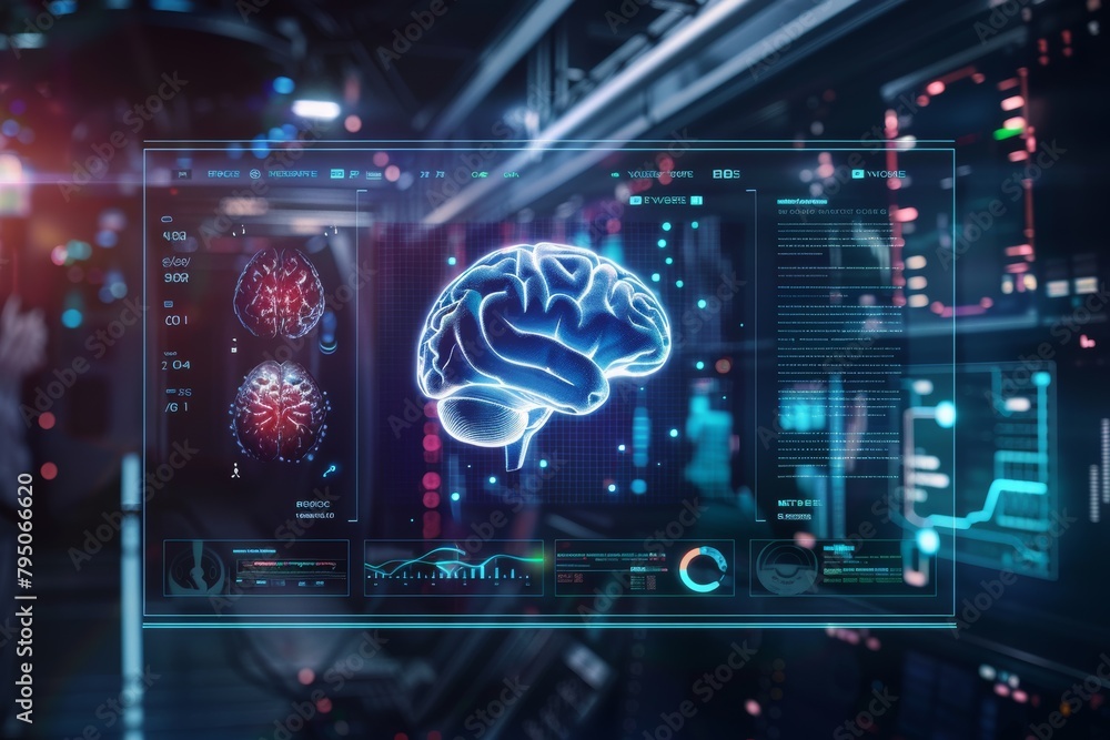 Poster scientist analyzing digital brain interface in high-tech laboratory