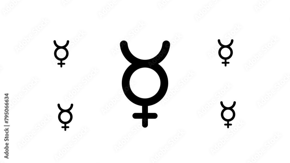 Poster zoom in and out animation the astrological mercury symbol. large black symbol in the center and four