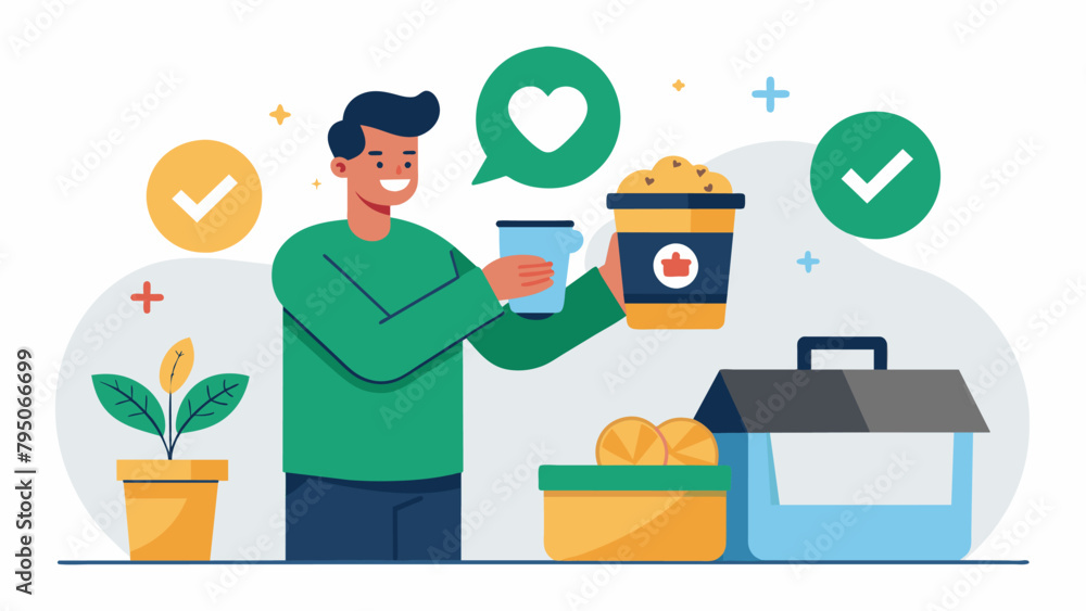 Poster a person choosing to forgo their daily coffee run and instead making a donation to a charitable orga