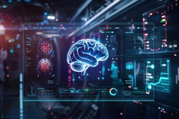 Scientist analyzing digital brain interface in high-tech laboratory