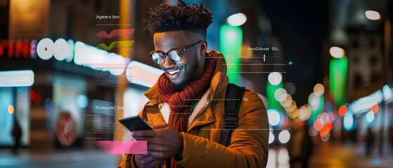 Young man using smartphone at night with colorful city lights and data analytics overlay