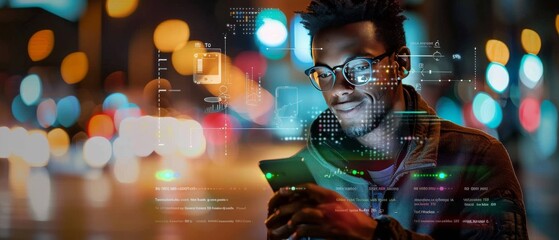 Young man using smartphone at night with colorful city lights and data analytics overlay