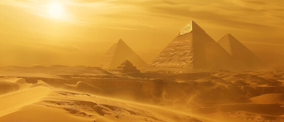 Majestic pyramids rise from sandy dunes under a soft pink and orange sunrise sky.