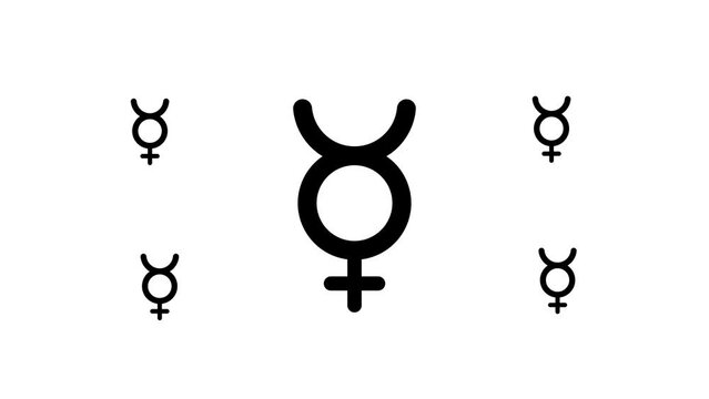 Zoom in and out animation the astrological mercury symbol. Large black symbol in the center and four small symbols around. Seamless looped 4k animation on white background