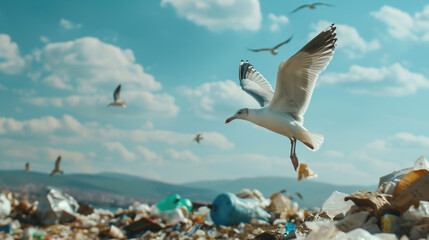 Fototapeta premium gulls fly in summer day over a large pile of crock on the shore. environmental pollution