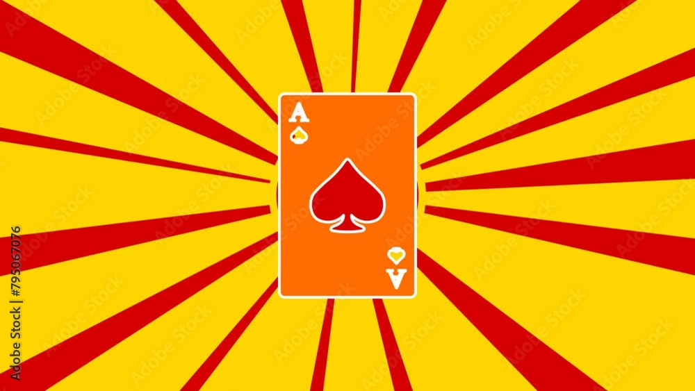 Poster ace of spades card on the background of animation from moving rays of the sun. large orange symbol i