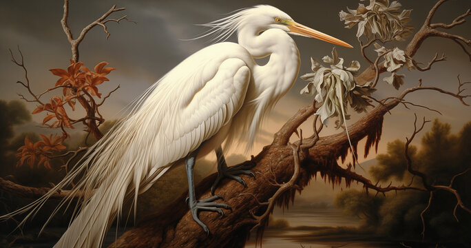 Elegant great egret perched on a tree branch in a lush green swamp. The white bird's feathers contrast beautifully with the dark foliage, making it a stunning image for nature and wildlife projects.