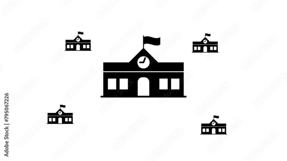 Poster zoom in and out animation the school building symbol. large black symbol in the center and four smal