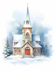 Fototapeta na wymiar A soft-hued watercolor illustration captures the majestic serenity of a church on Christmas Eve, set against a white background.