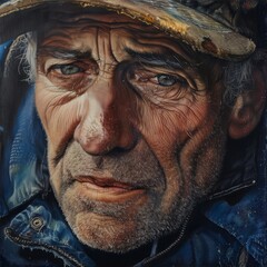 An old man with a weathered face and blue eyes looks out from a dark background.