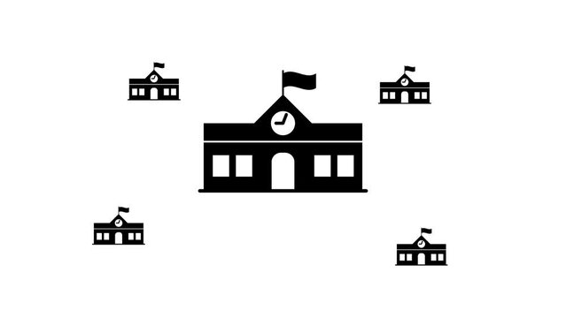 Zoom in and out animation the school building symbol. Large black symbol in the center and four small symbols around. Seamless looped 4k animation on white background