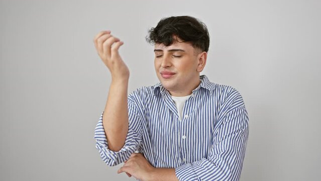 Young man in striped shirt, hand on head, realizing stupid mistake. memory blunder moment, standing isolated on white background