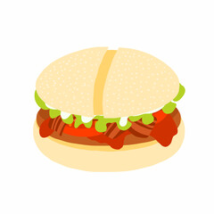 Burger with beef cutlet, cut bacon, ketchup, mayo sauce, fresh tomato slices and salad leaf. Icon in cartoon flat style. Vector illustration isolated on white background. For menu, poster, infographic