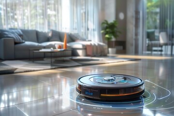 Smart robot vacuum cleaner operating in a modern living room