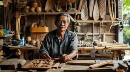 Portrait of a woodworker in his workshop - obrazy, fototapety, plakaty