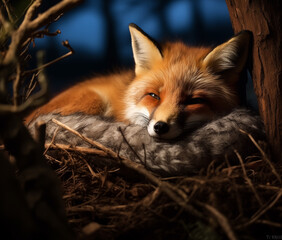 Fototapeta premium Red fox portrait nestled in the undergrowth of a forest at night. The fox's fur is a vibrant red with black markings. Beauty of wild animals and the nocturnal wonders of the forest.
