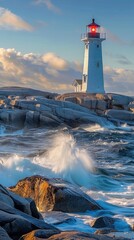 A white lighthouse on the rocky shore, waves crashing against it, blue sky, yellow light inside its - 795068222