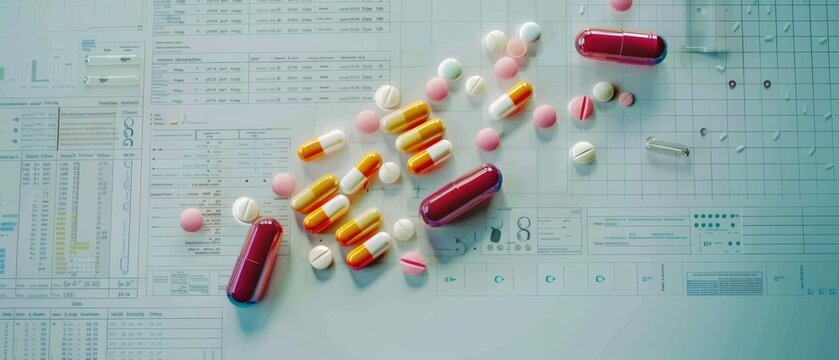 Array of medical pills organized over dosage schedule
