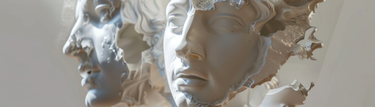 White marble sculptures of ancient Greek male heads
