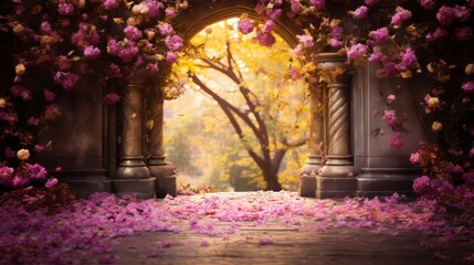 Archway With Pink Flowers on the Ground. Generative AI.