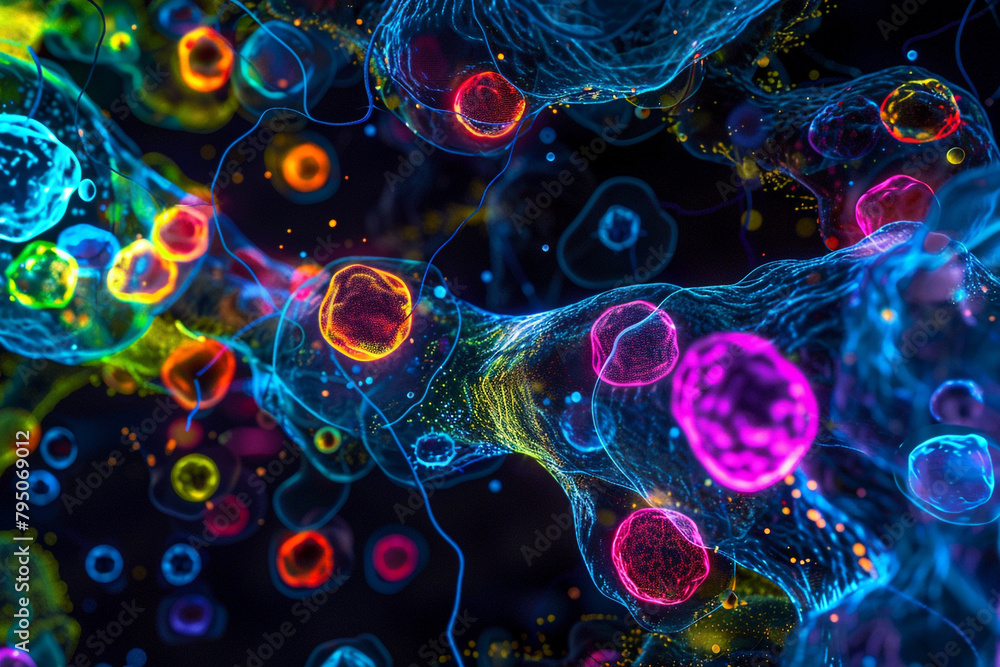 Poster fluorescent markers illuminating pathways in a cellular process, key to understanding disease mechan