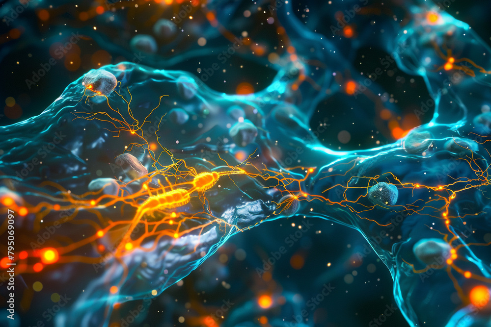 Poster fluorescent markers illuminating pathways in a cellular process, key to understanding disease mechan