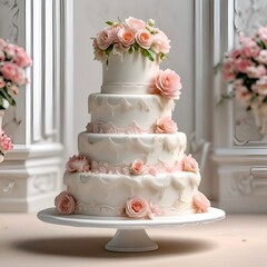 Fototapeta na wymiar Wedding cake decorated with roses. Beautiful wedding cake with flowers on table in room, close-up.