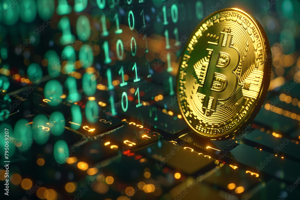 Poster focus on a gold bitcoin coin with digital blockchain data visualization in the background