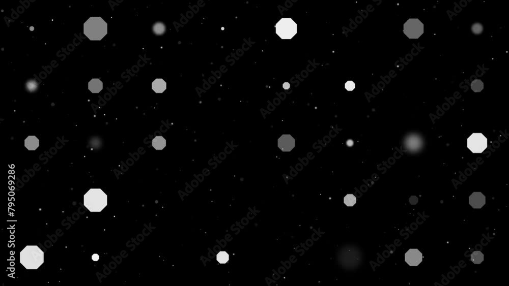 Poster template animation of evenly spaced octagon symbols of different sizes and opacity. animation of tra