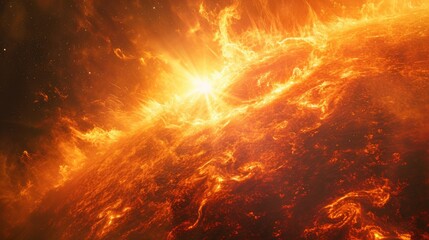  solar surface with powerful bursting flares and star protuberances erupting with magnetic storms and plasma flashes.