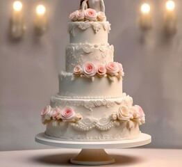 Wedding cake decorated with roses. Beautiful wedding cake with flowers on table in room, close-up.