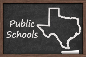  Public Schools in Texas with state map on a chalkboard