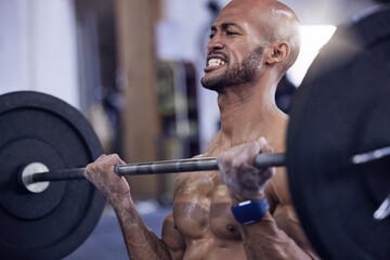 Man, barbell or weight in gym for training, fitness and exercise to gain muscle for health,...