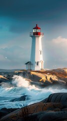 A white lighthouse on the rocky shore, waves crashing against it, blue sky, yellow light inside its - 795069887