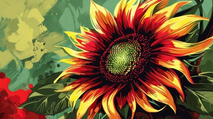 A blooming sunflower that is red and yellow