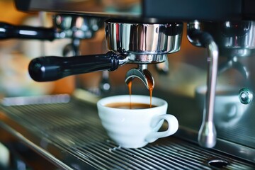 Close up of espresso pouring from coffee machine into a cup in cafe