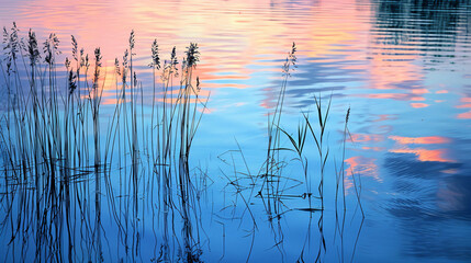 Reeds on the shore of the lake at sunset. Plants  - obrazy, fototapety, plakaty