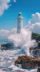 A white lighthouse on the rocky shore, waves crashing against it, blue sky, yellow light inside its - 795070439