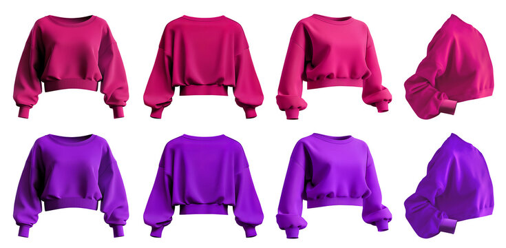 2 Set of magenta purple pink woman cropped oversized Drop Shoulder sweatshirt jumper sweater long sleeve, front back side on transparent cutout, PNG file. Mockup template for artwork design
