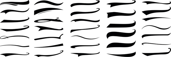 Elegant text tails swoosh Vector, calligraphy swirls for logo design, decoration. Varied thickness, curvature. Simple to complex shapes. Typography, graphic design elements on white background