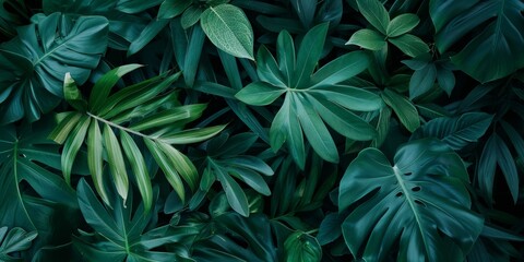 Lush Tropical Greenery: Monstera and Palm Leaves in Dense Jungle Thicket