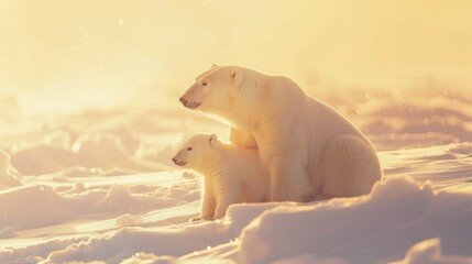 Two polar bears are sitting on the snow, one of them is a mother